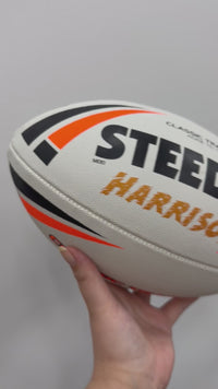 Load and play video in Gallery viewer, Personalised White &amp; Orange Steeden Rugby League Ball (Mod Size)
