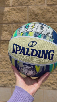 Load and play video in Gallery viewer, Personalised Spalding Blue Multi Marble Glow Rubber Basketball (Size 5, 6, 7)
