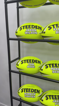 Load and play video in Gallery viewer, Personalised Yellow Steeden Rugby League Balls (Size 5)
