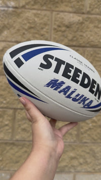 Load and play video in Gallery viewer, Personalised White/Blue Steeden Rugby League Balls (Mod Size)
