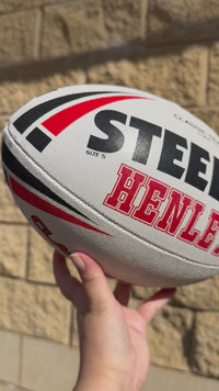 Load and play video in Gallery viewer, Personalised White &amp; Red Steeden Rugby League (size 5)
