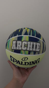 Load and play video in Gallery viewer, Personalised Spalding Blue Multi Marble Glow Rubber Basketball (Size 5, 6, 7)
