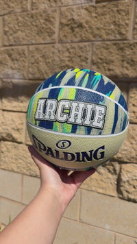 Load and play video in Gallery viewer, Personalised Spalding Blue Multi Marble Glow Rubber Basketball (Size 5, 6, 7)
