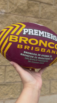 Load and play video in Gallery viewer, Personalised Dual Premiership 2025 Brisbane Broncos Official NRL Ball (Size 5) - 4 Day Dispatch
