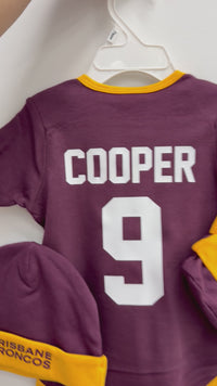 Load and play video in Gallery viewer, Personalised Brisbane Broncos NRL Lullaby 3pc Baby Gift Set
