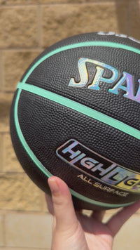 Load and play video in Gallery viewer, Personalised Spalding Rubber Black/Mint Highlight Foil Basketball (Size 5, 6)
