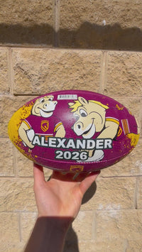 Load and play video in Gallery viewer, Personalised Limited Edition Brisbane Broncos Mascot Official NRL Ball (Size 3)
