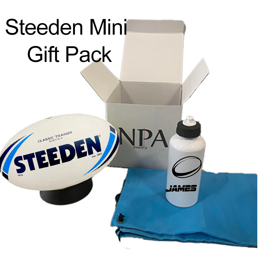 Personalised White/Blue Steeden Rugby League Balls (Mini Size) - Gift Pack