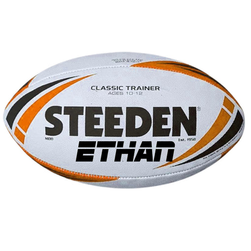 Personalised White & Orange Steeden Rugby League Ball (Mod Size)